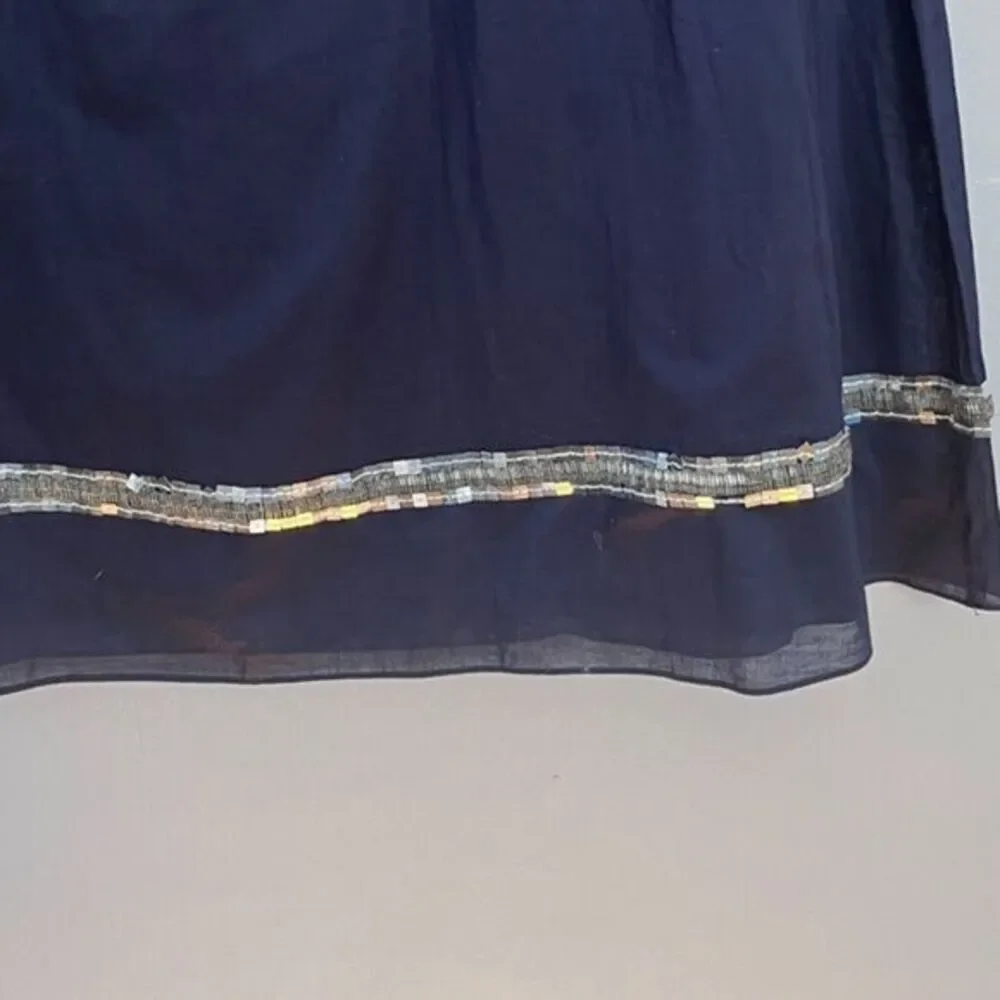 Tory Burch Cotton Voile Midi Skirt Size 10 Navy‎ Blue Beaded Sequins Gyspy Boho